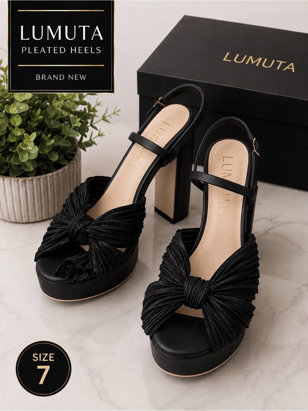 Black Pleated Knot Platform Heels with Ankle Strap